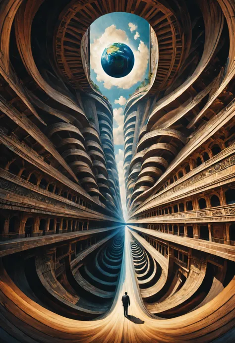 optical illusion ，optical illusion，twisted spiral palace inside a kaleidoscope，wooden inverted twisted human face，（the left and ...