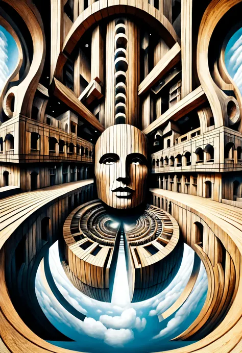 optical illusion ，optical illusion，a twisted, a mechanical palace rotating inside a kaleidoscope，wooden inverted twisted human f...