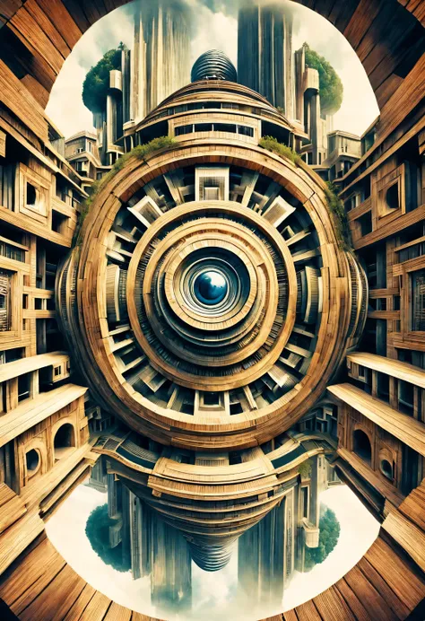 optical illusion ，optical illusion，a twisted, a mechanical palace rotating inside a kaleidoscope，wooden inverted twisted human f...