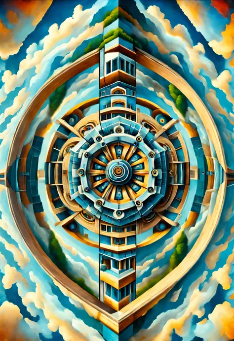 optical illusion ，optical illusion，a twisted, a mechanical palace rotating inside a kaleidoscope，upside down wooden twisted huma...