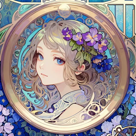 Beauty 1 person、(masterpiece、highest quality、highest quality、beautiful and aesthetic:1.2)、round picture frame、Rainbow-colored、Shining jewelry hair ornament、flowers in full bloom、detailed jewelry、dynamic、Based on the concept of an elegant woman、(((Alphonse ...