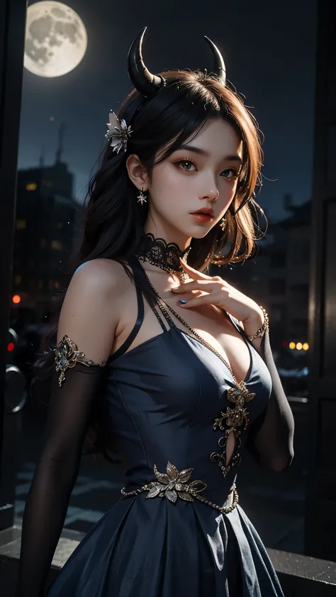 8K, ultra HD, very detailed, masterpiece, 1 girl, good face, detailed eyes, detailed lips, medium beasts, (very detailed dress:1), (devil dress), blue color, darkness, moon background, scary scenery,