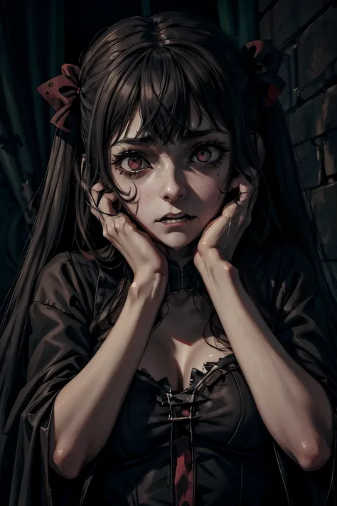 gothic,horror,girl,(((despair))),covering ears with hands,