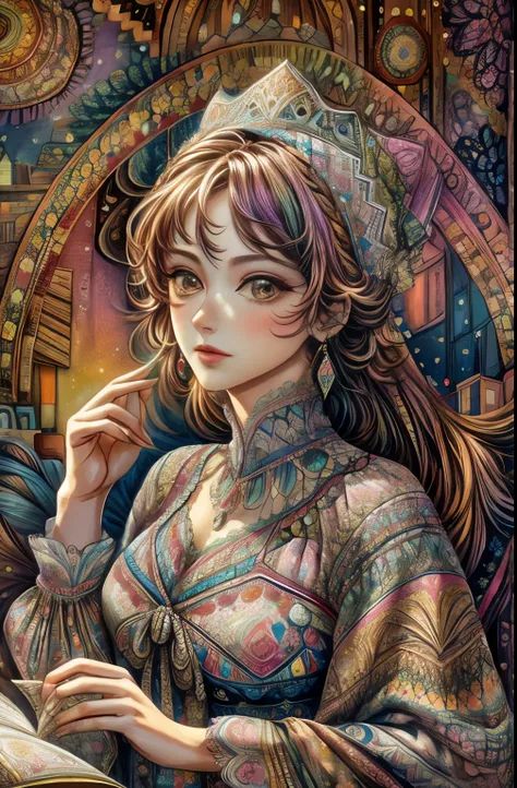 detailed face, vibrant colors,exquisite patterns, stunning dress,delicate lacework, elegant posture, antique furniture, soft lighting, nostalgic atmosphere，Eduardo Kobra (Eduardo Kobra) Quilting , Geometric walls, portrait, until, chibi,
Yang08k, beautiful...