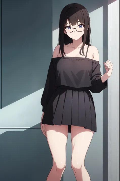 1girl, asian, middle hair, skirt, glasses, bare legs, nsfw