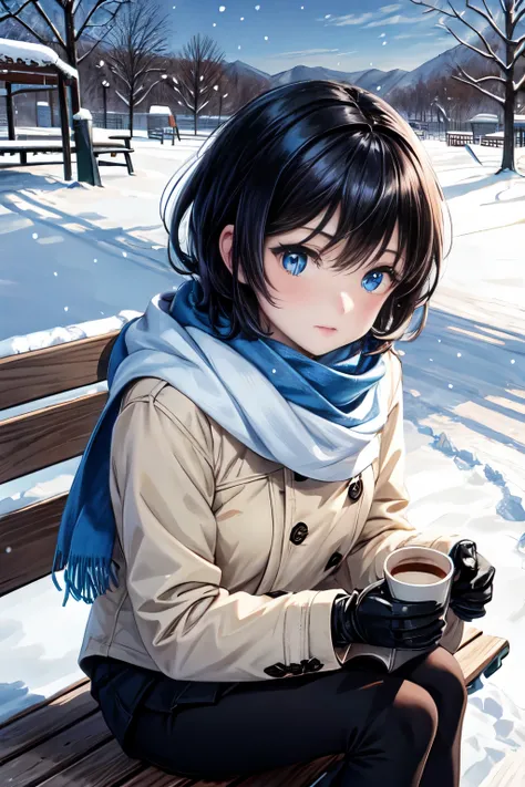 the anime style painting of a girl with scarf and gloves on in the winter, 1girl, solo, black hair, snow, scarf, bench, snowing, outdoors, looking at viewer, short hair, blue eyes, winter