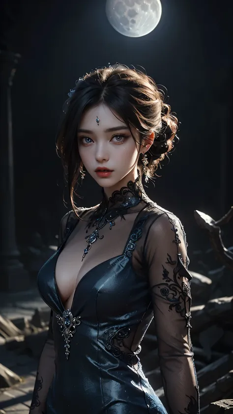 8K, ultra HD, very detailed, masterpiece, 1 girl, good face, detailed eyes, detailed lips, medium beasts, (very detailed dress:1.5), (devil dress), blue color, darkness, moon background, scary scenery,