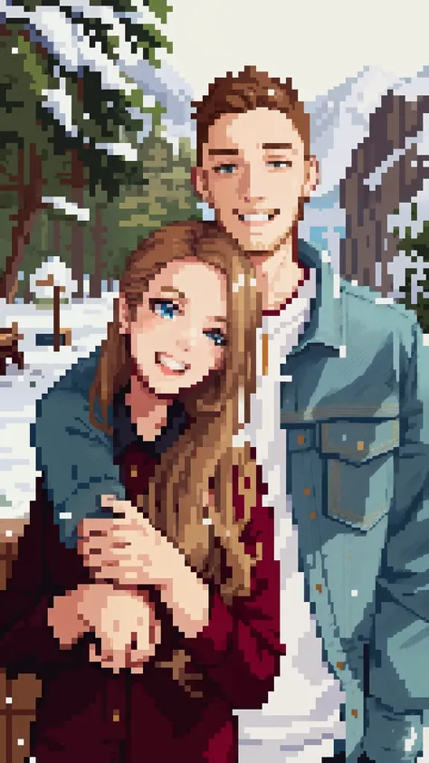 a man and woman standing in the snow with mountains behind them, smiling couple, couples portrait, couple portrait, carson ellis...