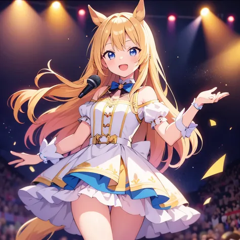 masterpiece, best quality, extremely detailed, anime, girl, , horse ear,  blond hair, cute outfits, small , long hair, singing, idol, happy face,