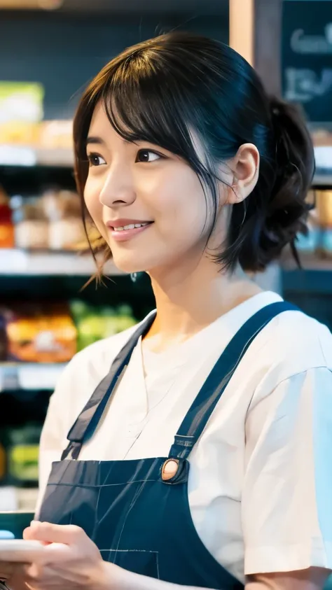 (in 8K、Raw photography、Highest Quality、realisitic、Photorealsitic, Light on Face, Gray background, upper body shot), 35 year old Japanese woman, average appearance, fast food uniform, Serving customers at the store:1.6, Talking:1.9, mouth open:1.3, I have a...