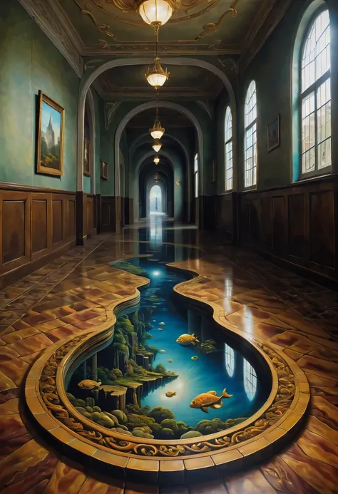 Optical illusion art,3D painting on the lobby floor，3D artwork，Surrealism，The details are impeccable，