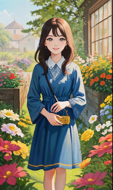 A girl,beautiful detailed eyes,long eyelashes, beautiful detailed lips, extremely detailed face, standing in a garden, surrounded by vibrant flowers, wearing a flowy dress, enjoying the sunlight and a gentle breeze, with a peaceful smile on her face. The a...