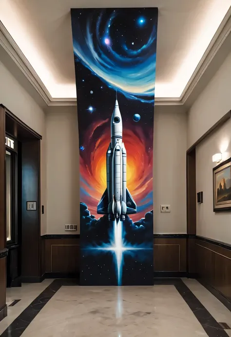 (Transfiguration art,illusion painting on the lobby wall:1.5),3D,illusion,masterpiece,actual,Rocket launch and vast starry sky painted on the wall