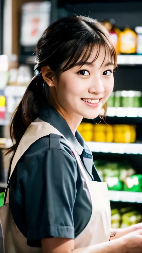 (in 8K、Raw photography、Highest Quality、realisitic、Photorealsitic, Looking at the camera, Light on Face, Gray background, upper body shot), 28 year old Japanese woman, average appearance, fast food uniform, Serving customers at the store:1.6, Talking:1.9, m...