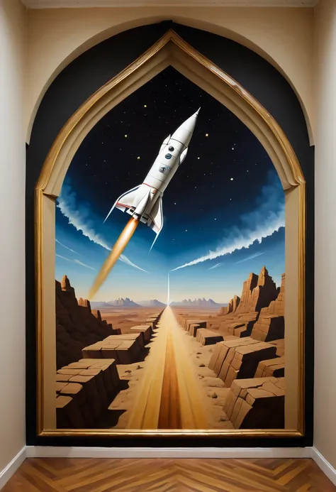 (Optical illusion art,Tromper&#39;Oil paintings on the wall:1.5),three dimensional,3D,Hallucinations,masterpiece,Reality,Rocket launch and vast starry sky painted on the wall