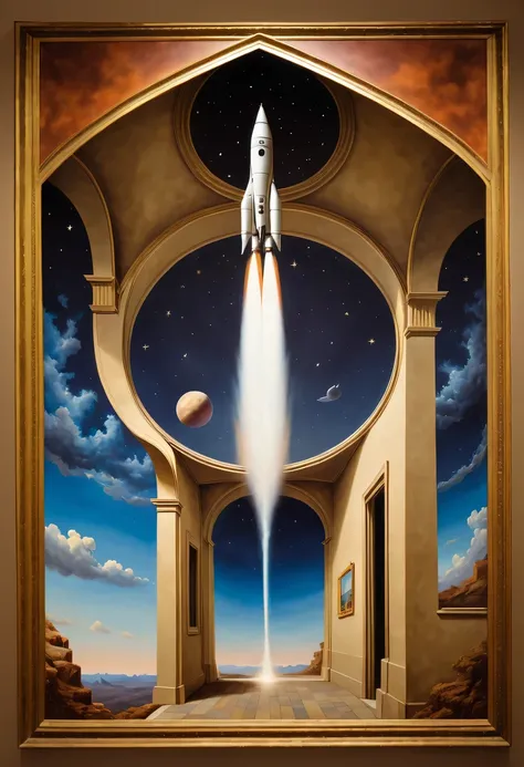 (Optical illusion art,Tromper&#39;Oil paintings on the wall:1.5),three dimensional,3D,Hallucinations,masterpiece,Reality,Rocket launch and vast starry sky painted on the wall