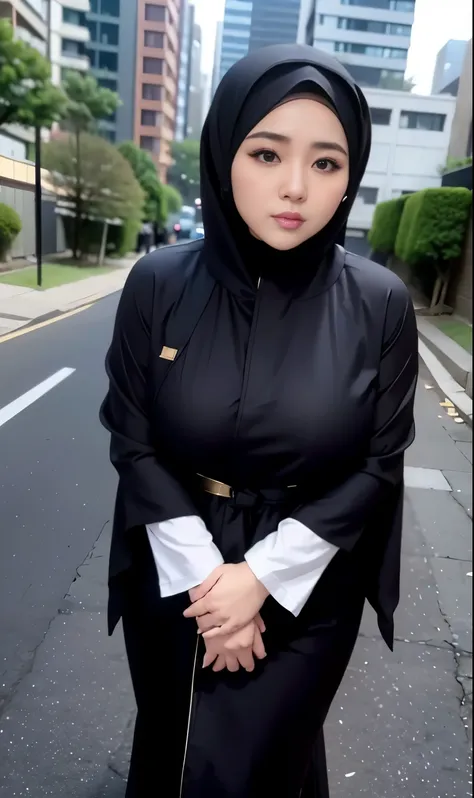 arafed woman in a black robe standing on a sidewalk, hijab fashion model, hijabi outfit, thicc, hijab, korean woman, wearing bla...