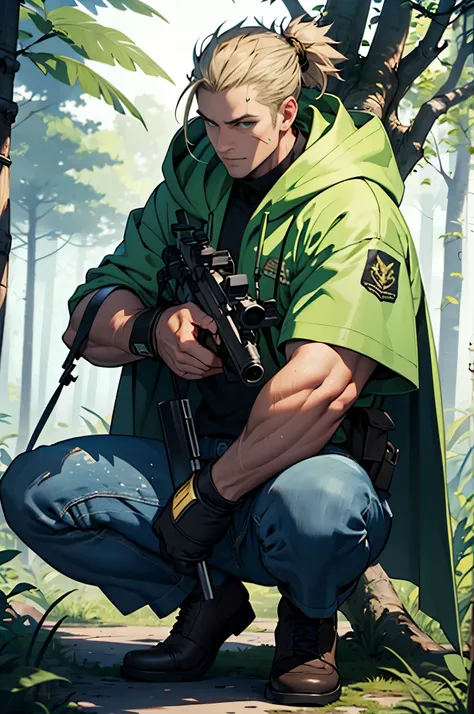 Muscular man, strong physique, sniper rifle, 32k uhd, best quality, masterpiece, super detail, high details, long light blue pants, Dark green hooded cape, SNIPER RIFLE, Fantasy style clothes, Brown boots, spiky Gold hair, spiky topknot, short hair, Black ...