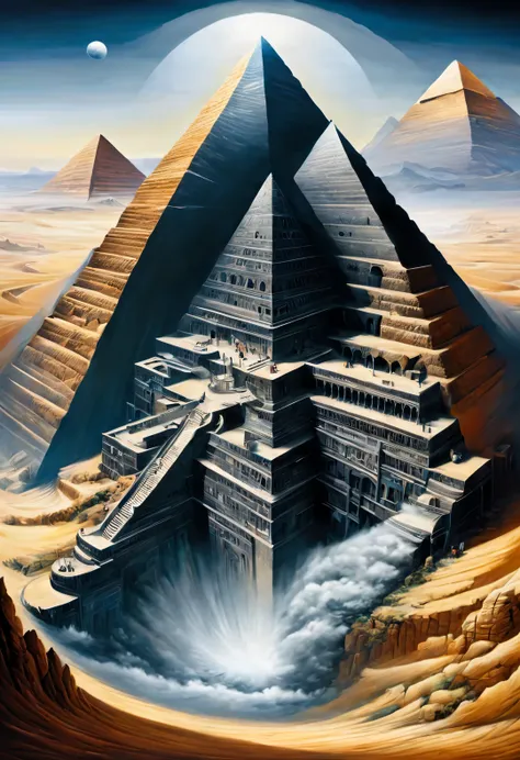 Optical illusion ，Optical illusion，completely asymmetrical，Spiral twisting and rotating desert pyramid palace，（Inverted giant human sphinx），Earth&#39;Natural mirror painted as a strange phenomenon, Bring visual impact to people，，Inception，a repeating or sp...