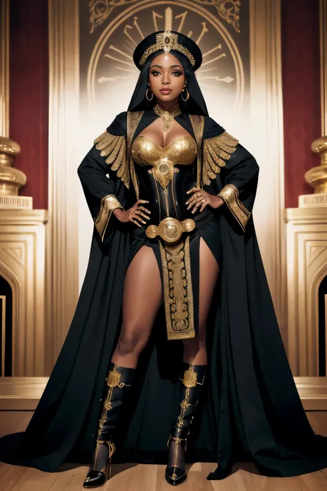 black  female queen wearing expensive golden cloth looking magnificent cloth have steampunk and Arabian ecstatic and cover full body full body shot mix of bold dark lines and loose lines, bold lines, on paper, turnaround character sheet, a short fat mechan...