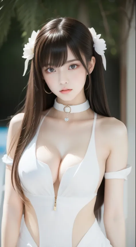 beautiful woman with perfect body：1.3，layered hairstyle，protruding cleavage，white 2d costume：1.5，highly detailed facial and skin...