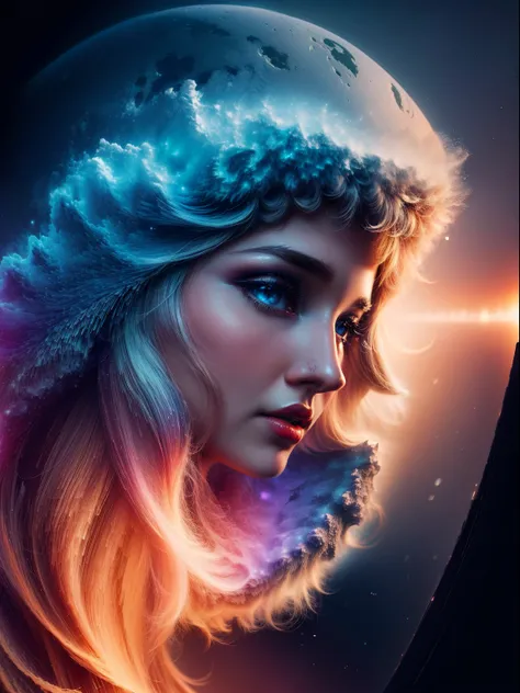 pixel sorting, very pretty girl emerged in eternal tera stream of everlasting data flowing through infinite light dispersion loop in the world of chaotic undulation optical illusions, celestial outerworld, lut, hdr, dramatic light, digital art, redshift re...