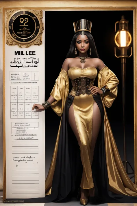 mile aged black  female queen wearing expensive golden cloth looking magnificent cloth have steampunk and Arabian ecstatic and cover full body full body shot mix of bold dark lines and loose lines, bold lines, on paper, turnaround character sheet, a short ...