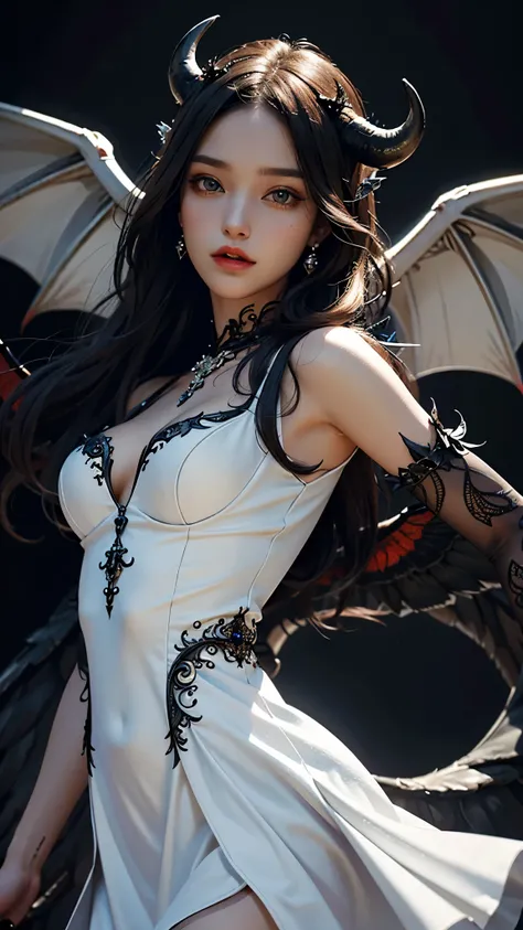 8K, ultra HD, very detailed, masterpiece, 1 girl, good face, (devil hair). detailed eyes, detailed lips, medium beasts, (very detailed dress:1.5), (white devil dress), (devil wings:1.5) darkness effect, moon background, scary scenery,