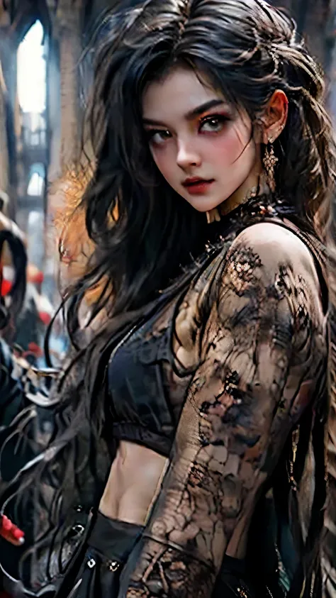 (best quality), (high detail), (close up),(vampire fangs), (1girl), a beautiful gothic vampire with snow white skin jet black hair and mascara running down her face, (fangs), crazy smile, (black and white effect), (black roses), dark and foggy background, ...