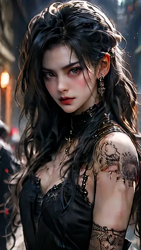 (best quality), (high detail), (close up),(vampire fangs), (1girl), a beautiful gothic vampire with snow white skin jet black hair and mascara running down her face, (fangs), crazy smile, (black and white effect), (black roses), dark and foggy background, ...