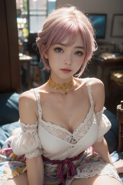 20yo woman， （masterpiece： 1.4）， （8K， reality， original photo， best quality： 1.4）， Japan， （1 girl）， beautiful face， （Real faces： 1.4）， （pink hair， short hair： 1.3）， hairstyle， Realistic blue eyes， beautiful details eyes， （reality皮肤： 1.3）， beautiful skin， At...