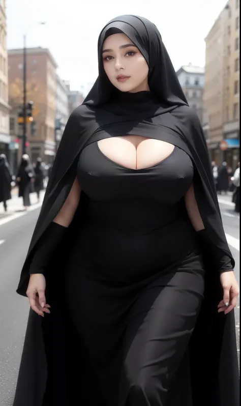 woman in black dress and hijab walking down the street, wearing black clothes and cape, hijab outfit, with a long black cape, hijab fashion model, plus size, plus size woman, wearing black robe, woman in black robes, beautiful burqas woman, thicc, black ou...