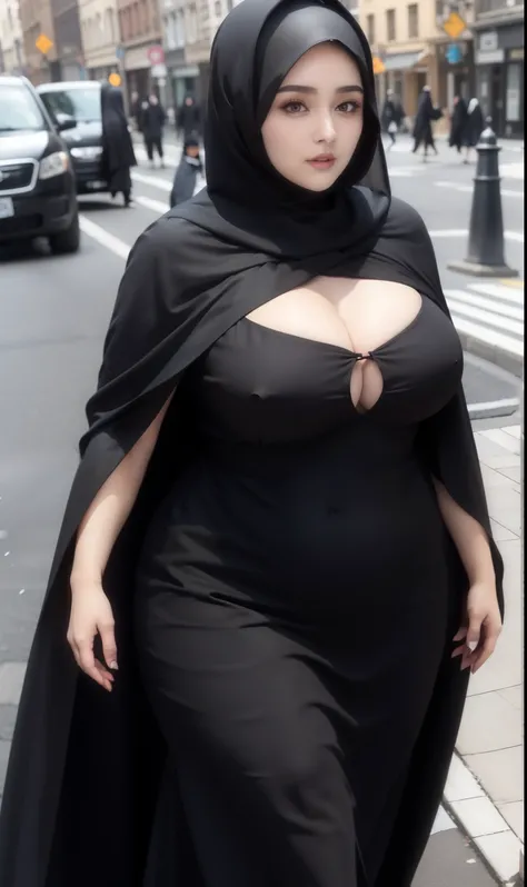 woman in black dress and hijab walking down the street, wearing black clothes and cape, hijab outfit, with a long black cape, hijab fashion model, plus size, plus size woman, wearing black robe, woman in black robes, beautiful burqas woman, thicc, black ou...