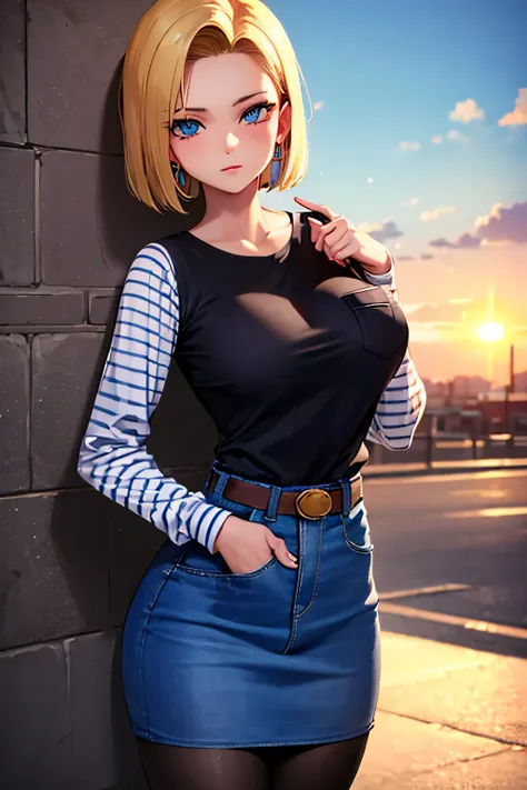 android 18, android 18, blonde hair, blue eyes, eyelash, hoop earrings, short hair, earrings, break belt, black legwear, black s...