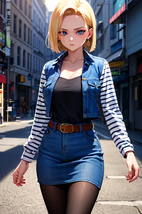 android 18, android 18, blonde hair, blue eyes, eyelash, hoop earrings, short hair, earrings, break belt, black legwear, black s...