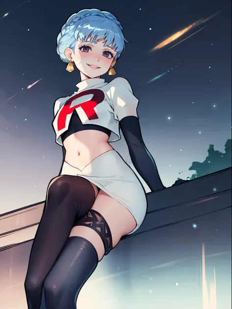 marianne von edmund ,earrings ,glossy lips ,team rocket uniform, red letter R, white skirt,white crop top,black thigh-high boots, black elbow gloves, evil smile, looking down on viewer, sitting down ,legs crossed, night sky background