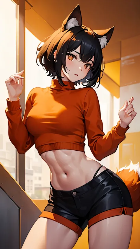 ((masterpiece, best quality, high resolution)), expressive eyes, perfect face, solo, 1girl, short hair, black hair, orange eyes, orange sweater, orange shorts, black bodysuit, abs, muscular, fluffy ears, fluffy tail