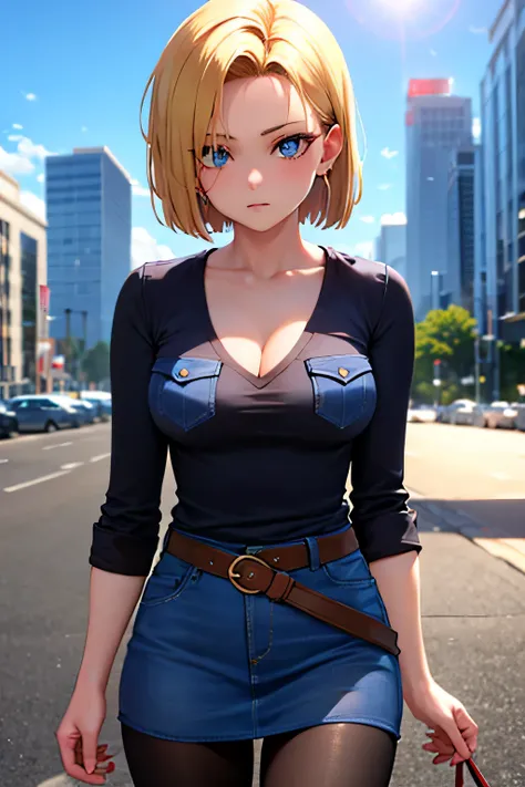 android 18, android 18, blonde hair, blue eyes, eyelash, hoop earrings, short hair, earrings, break belt, black legwear, black shirt, breast pocket, cleavage, clavicle, denim, denim skirt, high-waist skirt, jewelry, long sleeve, pocket, shirt, shirt tucked...