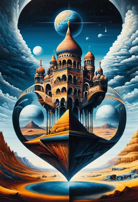 Optical illusion ，Iwona Lifsches Style, Stunning natural landscape, church，Optical illusion，completely asymmetrical，Spiral twisting and rotating desert pyramid palace，（Inverted giant human sphinx），Earth&#39;Natural mirror painted as a strange phenomenon, B...