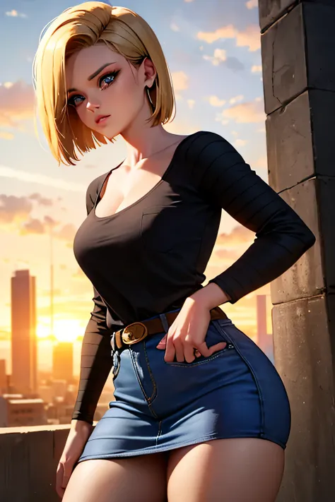 android 18, android 18, blonde hair, blue eyes, eyelash, hoop earrings, short hair, earrings, break belt, black legwear, black s...