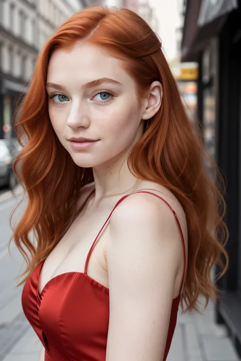 young girl In a red dress to the restaurant, Refined facial features, bright skin, ginger hair hair, gray-green eyes.