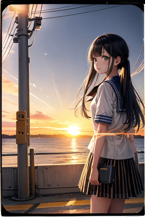 A Polaroid photo of a girl in a sailor uniform walking along a yellow and black railroad crossing by the Sea of Japan, with a crossing gate and a sunset in the background. The photo has lens flare, overexposure, blown-out highlights, soft focus, vignetting...