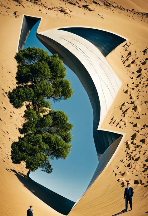 Optical illusion ，Iwona Lifsches Style, Stunning natural landscape, church，Optical illusion，completely asymmetrical，Spiral twisting and rotating desert pyramid palace，（Inverted giant human sphinx），Earth&#39;Natural mirror painted as a strange phenomenon, B...