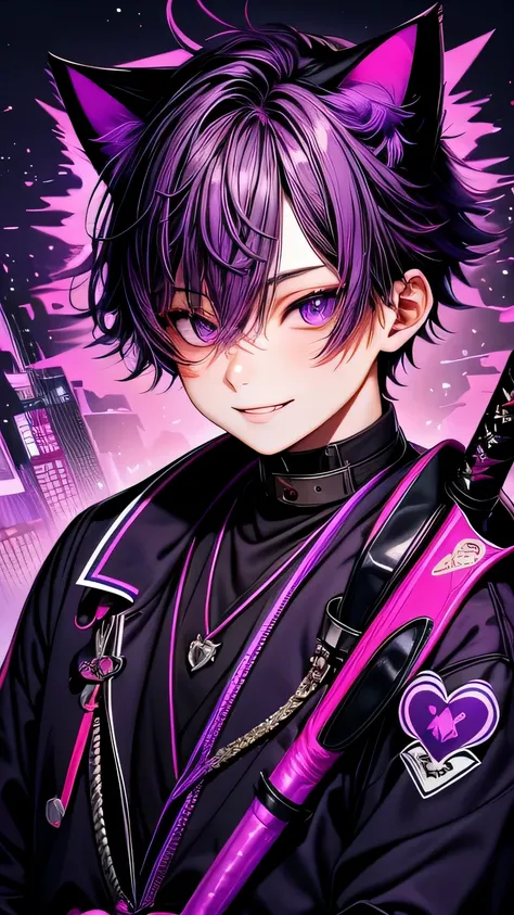 high quality, HD quality, 1Boy, purple hair, purple eyes, purple cat ears, male school uniform, katana on his back, smiling