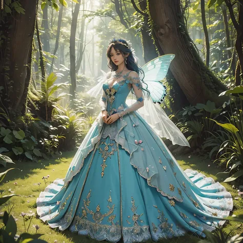 A mannequin with 3D flower and butterfly dress, is standing in the forest, costume dress, magical dress, ethereal fairy tale, intricate costume dress, beautiful costume, lady with bright flower dress, costume costume, beautiful adult fairy queen, very magi...