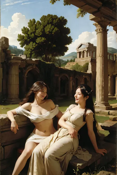 Ancient Roman ruins,landscape in the style of Poussin,A smile,,Sweet and seductive appearance.、Caravaggios paintings、Chiaroscuro of Caravaggio、Hair disheveled in the wind,Two women frolicking,Cute smile, Expression of ecstasy,A sexy,erotick