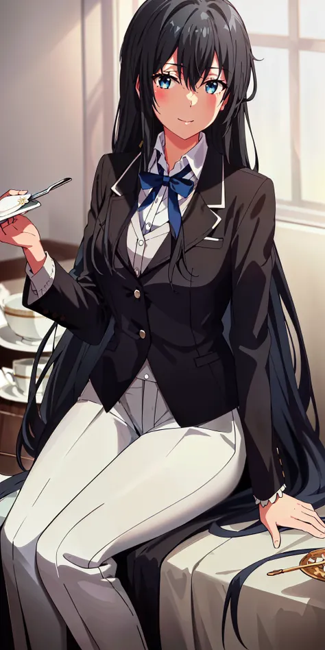 ((best quality)), ((masterpiece)), (detailed) 1girl 1girl, ;), blurry, blurry_background, breasts, , hair_long looking_at_viewer, ok_sign, open_hand, Yukinoshita Yukino ,Woman wearing formal clothes, An attractive coat sitting on chair in the room , 1girl,...