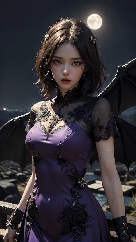 8K, ultra HD, very detailed, masterpiece, 1 girl, good face, detailed eyes, detailed lips, medium beasts, (very detailed dress:1.5), (devil dress), purple color, devil wings, darkness, moon background, wet ground, scary scenery,