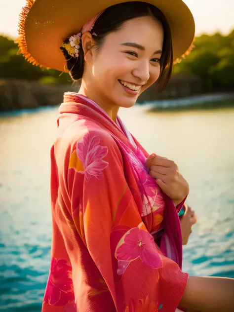 beautiful japanese woman、bright kimono、highest quality、masterpiece、super high resolution、photoreal、look at the horizon、laughter、...