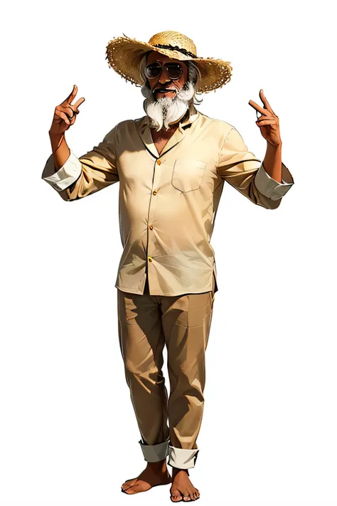 

65 year old man, (((dark-skinned person))), yellow straw hat, sunglasses, beard and white hair, standing (full body), very happy, presentation position, ((white background)), cartoon, 3D, 4K.